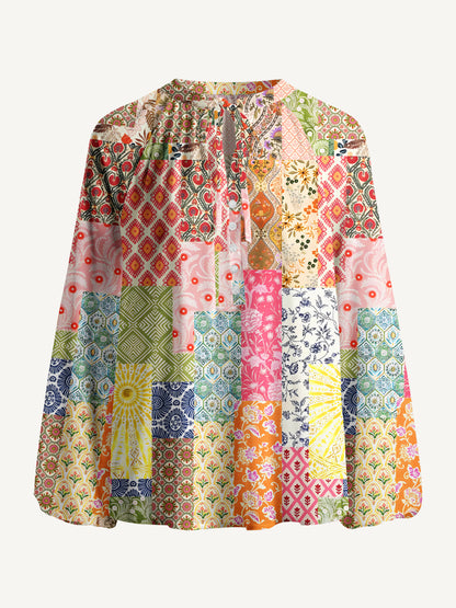 Colorful Bohemian Patchwork Print Boho Long Sleeve Tie‑Neck Blouse
