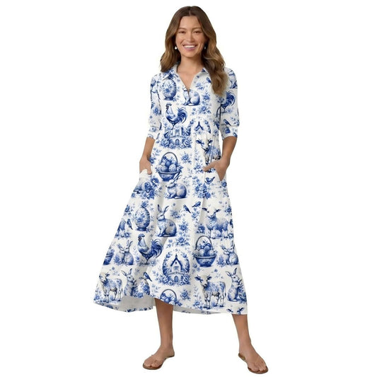 V Neck Collared Delft Farm Print Casual Midi Dress With Pockets