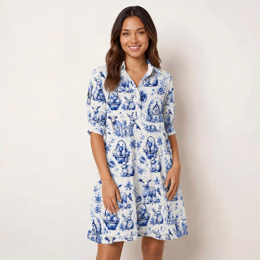 V Neck Collared  Delft Farm Print Mini Dress For Women With Pockets