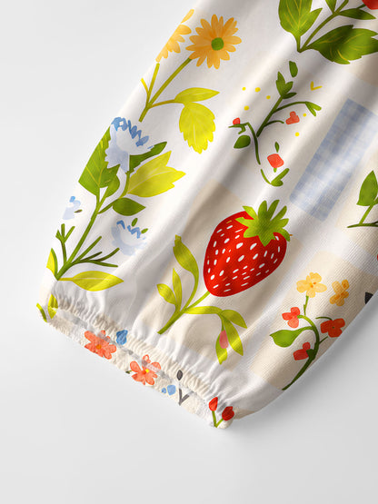 Strawberry Garden Patchwork Print Boho Long Sleeve Tie‑Neck Blouse