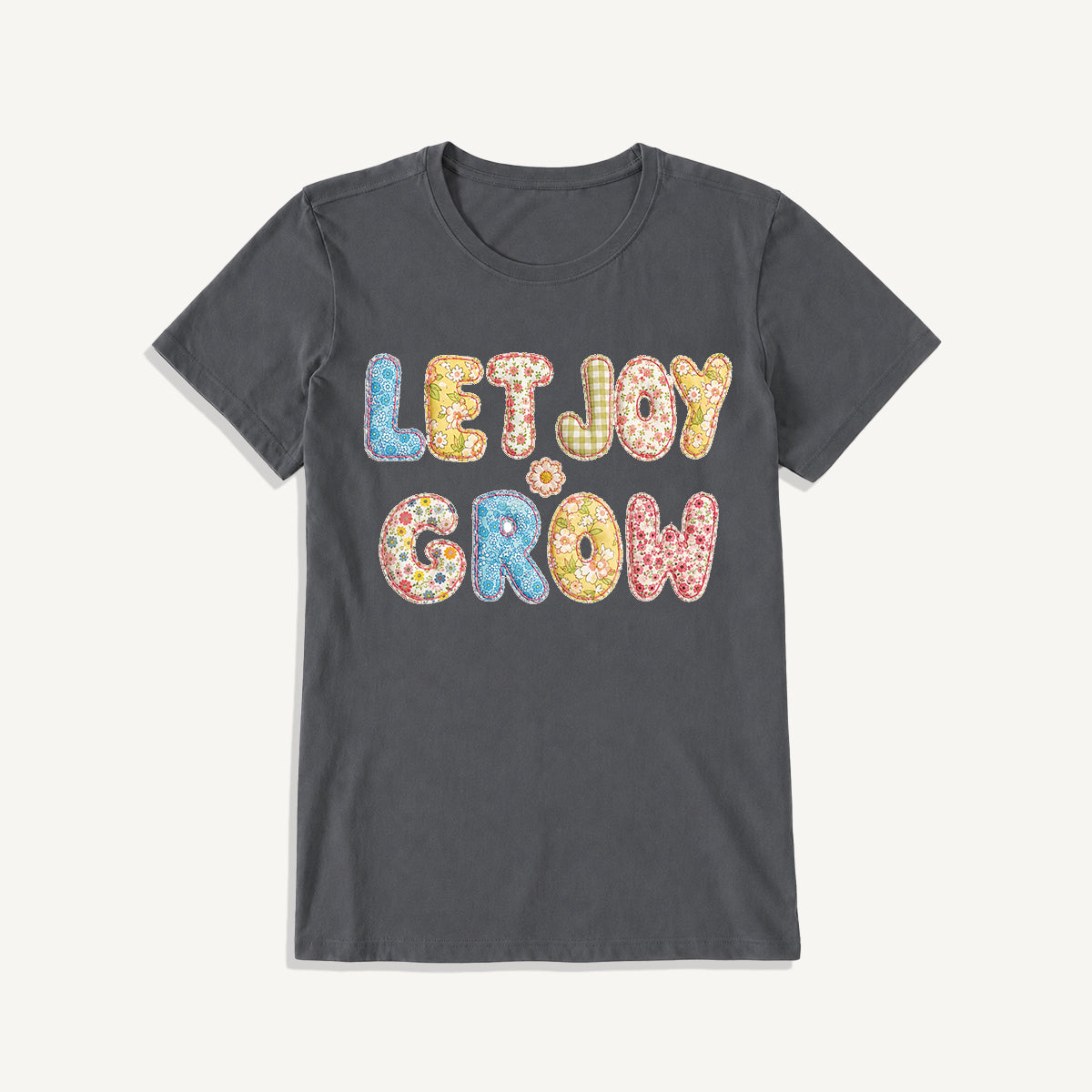 Let Joy Grow Patchwork Print Crew Neck Cotton Tee