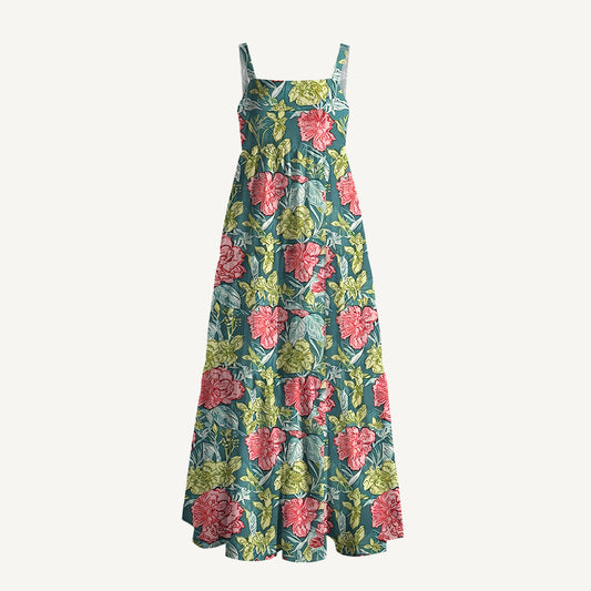 Romantic Peony Garden Print Wide Straps Maxi Dress With Pockets
