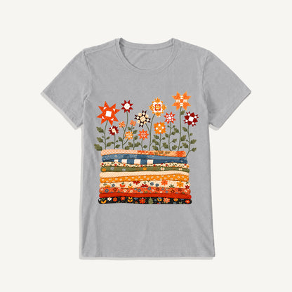 Patchwork Star Quilt Garden Print Crew Neck Cotton Tee