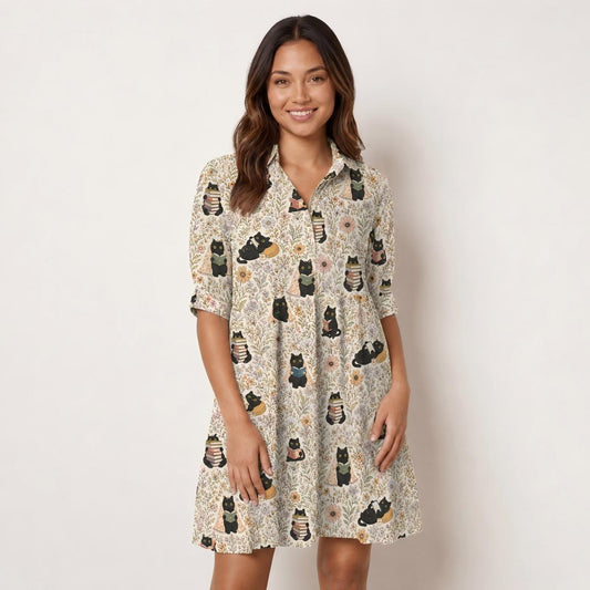 V Neck Collared Books Blooms and Black Cats Print Mini Dress For Women With Pockets