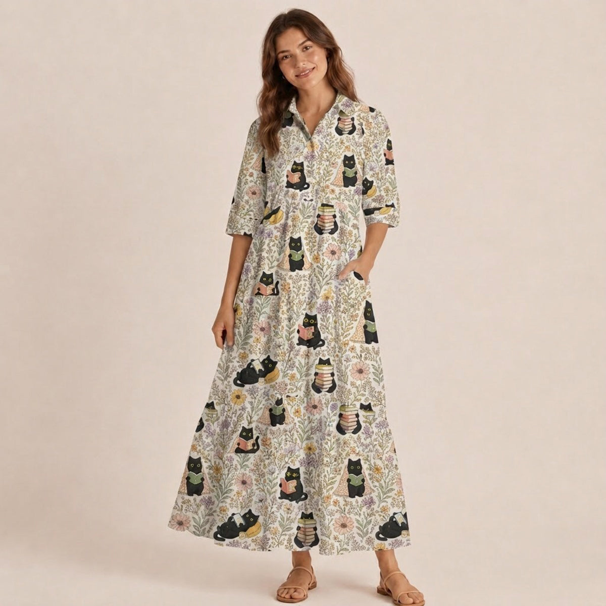V Neck Collared Books Blooms and Black Cats Print Casual Midi Dress With Pockets