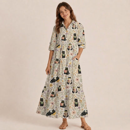 V Neck Collared Books Blooms and Black Cats Print Casual Midi Dress With Pockets