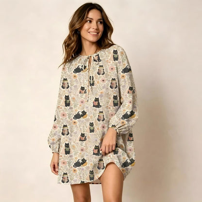 Books Blooms and Black Cats Print Boho Tie‑Neck Smock Mini Dress