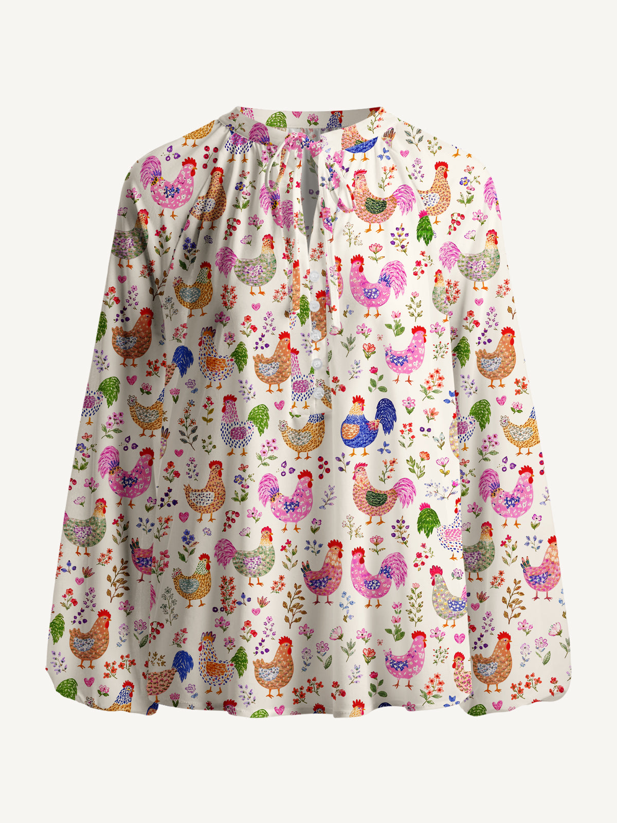 Colorful Farm Chickens Print Boho Long Sleeve Tie‑Neck Blouse