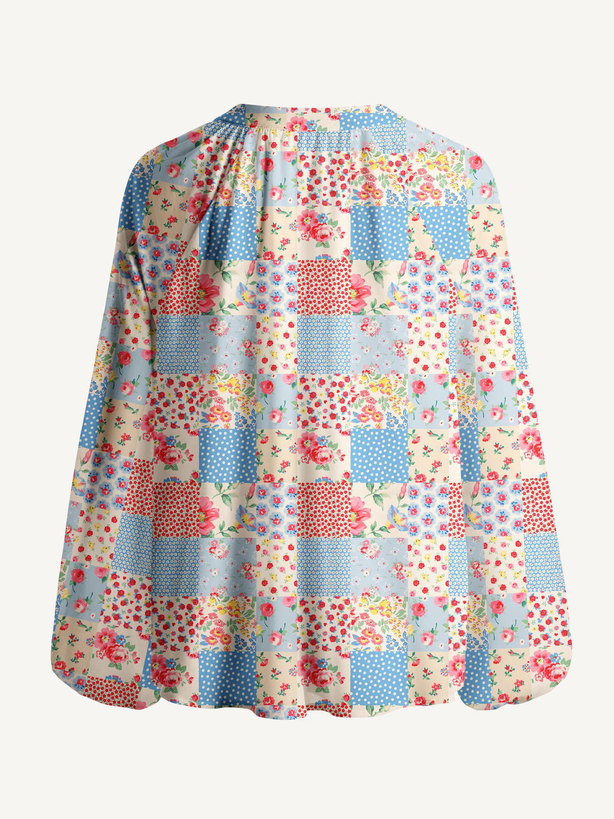 Square Neck Pastel Patc Print Boho Long Sleeve Tie‑Neck Blouse