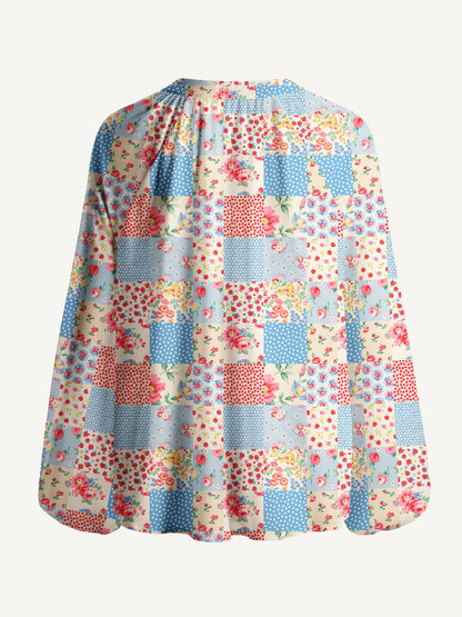 Square Neck Pastel Patc Print Boho Long Sleeve Tie‑Neck Blouse