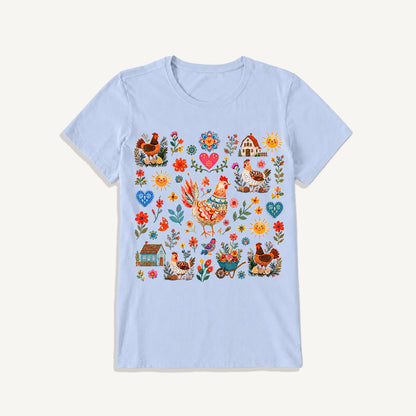 Vintage Farmhouse Chicken Floral Print Crew Neck Cotton Tee
