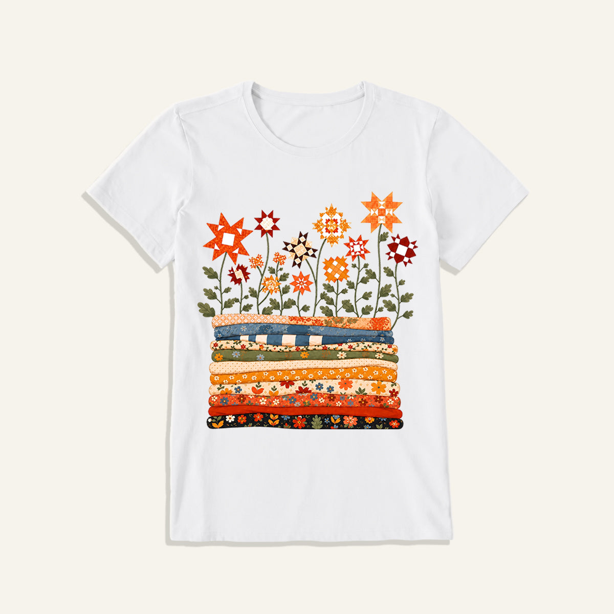 Patchwork Star Quilt Garden Print Crew Neck Cotton Tee