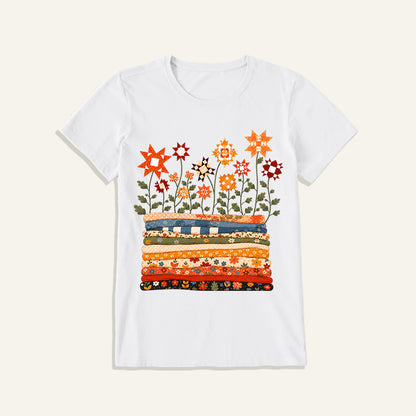 Patchwork Star Quilt Garden Print Crew Neck Cotton Tee