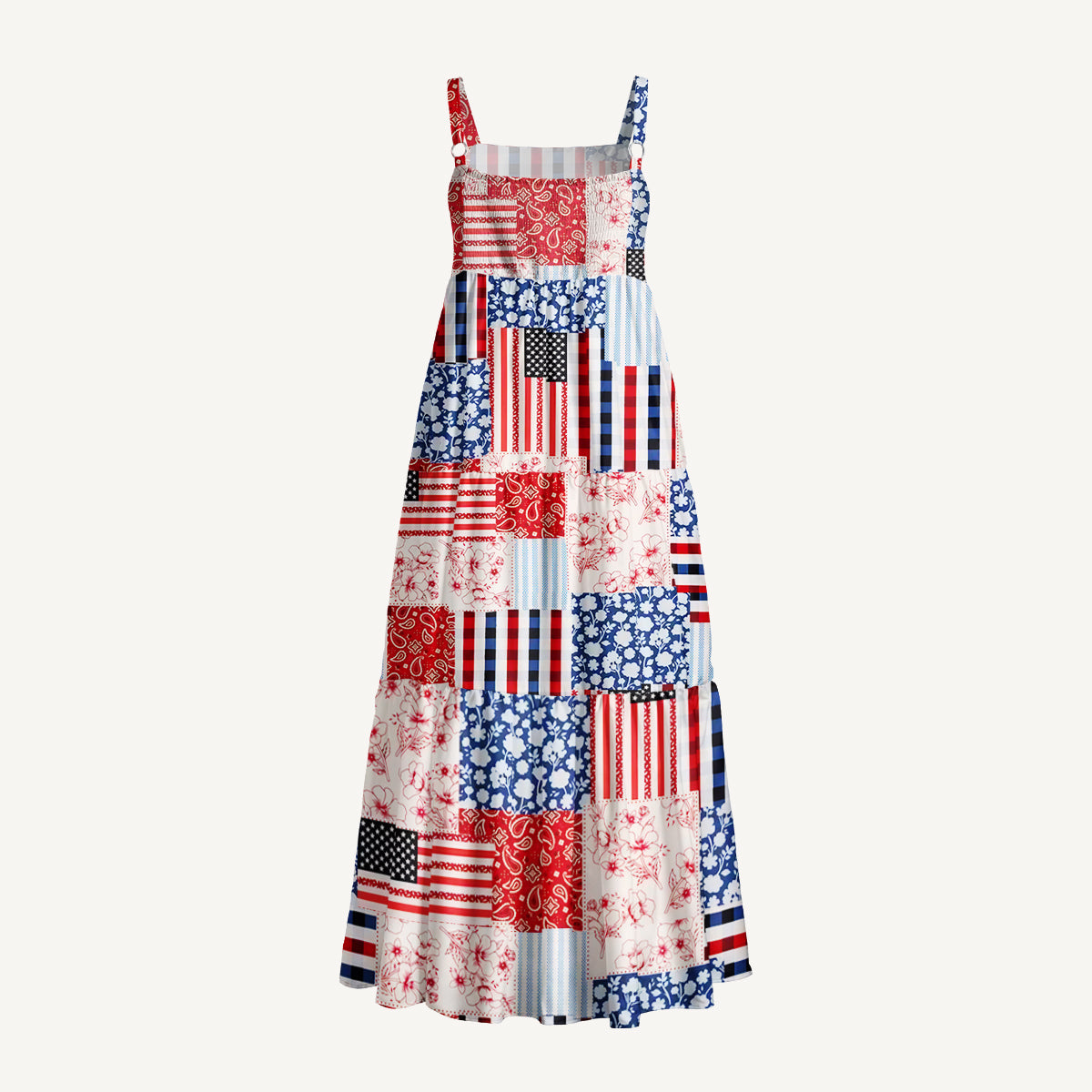 Patriotic Patchwork Quilt Wide Straps Maxi Dress With Pockets