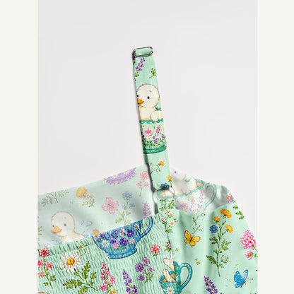 Whimsical Ducklings in Floral Teacups Print Wide Straps Maxi Dress With Pockets