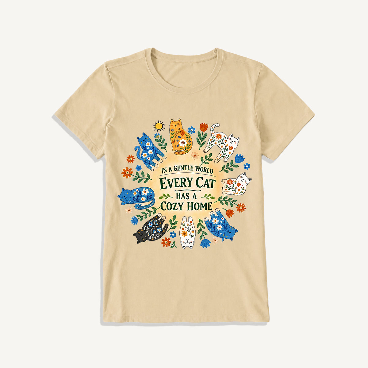 Floral Cats Cozy Home Print Crew Neck Cotton Tee