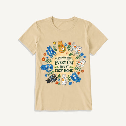 Floral Cats Cozy Home Print Crew Neck Cotton Tee
