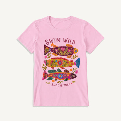 Folk Floral Fish Print Crew Neck Cotton Tee