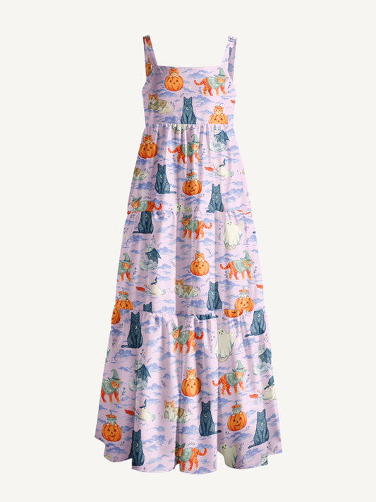 Enchanted Halloween Cat Print Wide Straps Maxi Dress With Pockets