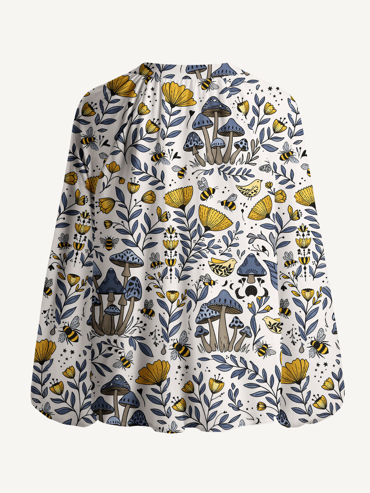 Bee Whisper Forest Print Boho Long Sleeve Tie‑Neck Blouse