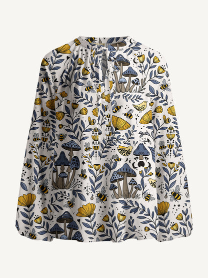 Bee Whisper Forest Print Boho Long Sleeve Tie‑Neck Blouse