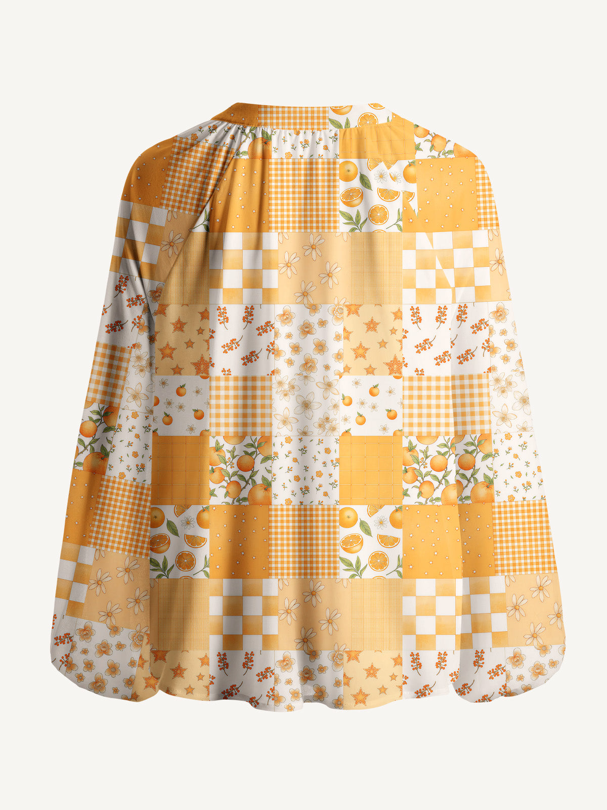 Lemon Sunshine Patchwork Print Boho Long Sleeve Tie‑Neck Blouse