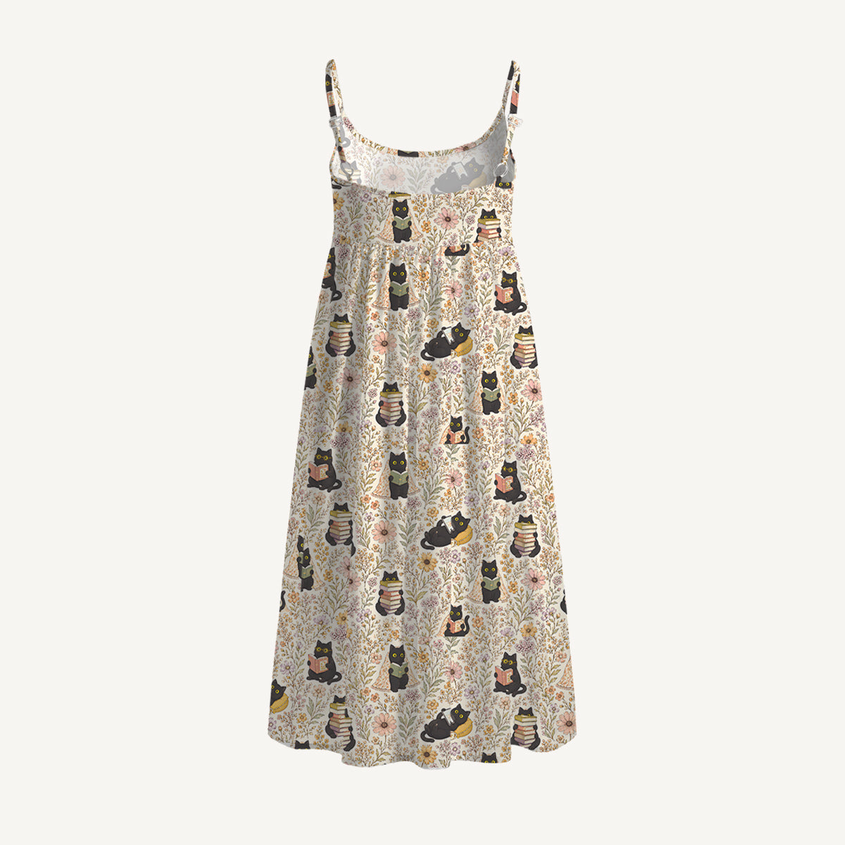 Books Blooms and Black Cats Print Spaghetti Strap Mini Dress