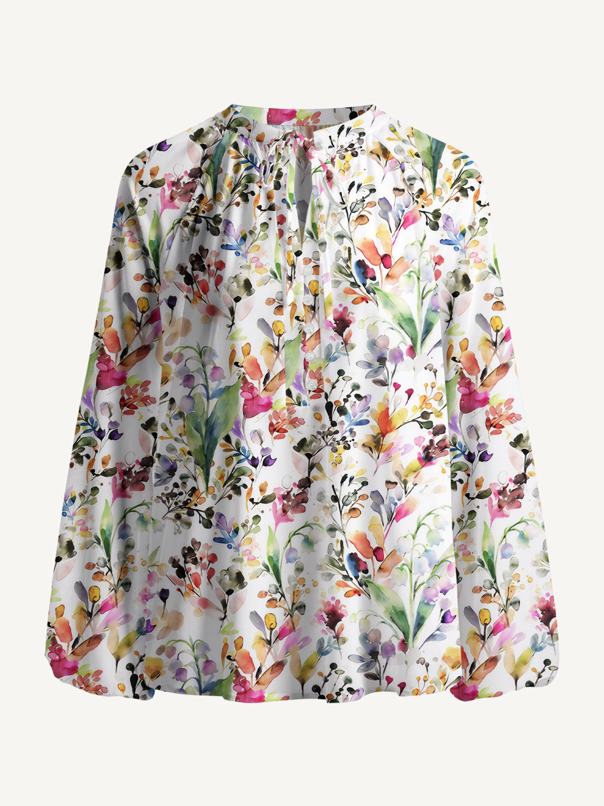 Watercolor Wildflower Print Boho Long Sleeve Tie‑Neck Blouse