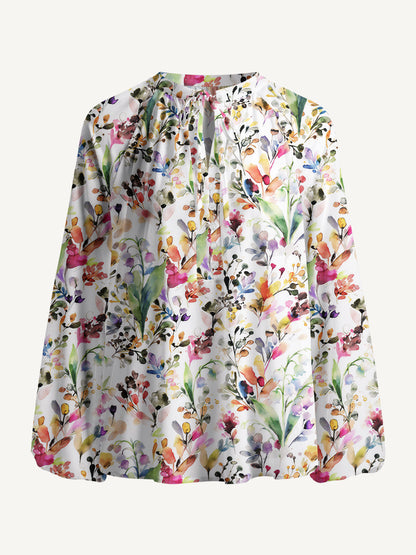 Watercolor Wildflower Print Boho Long Sleeve Tie‑Neck Blouse