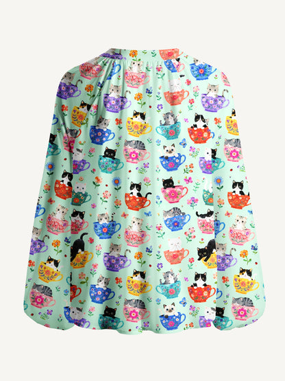 Cute Teacup Kitten Print Boho Long Sleeve Tie‑Neck Blouse