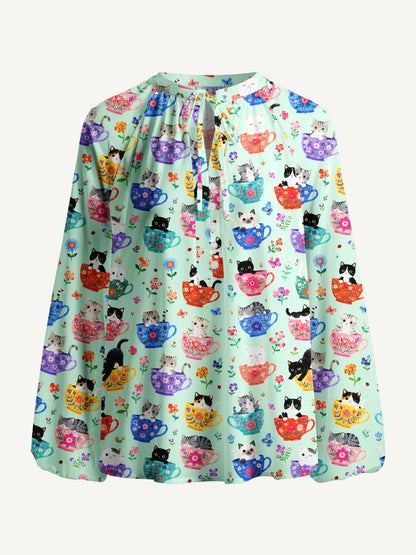Cute Teacup Kitten Print Boho Long Sleeve Tie‑Neck Blouse