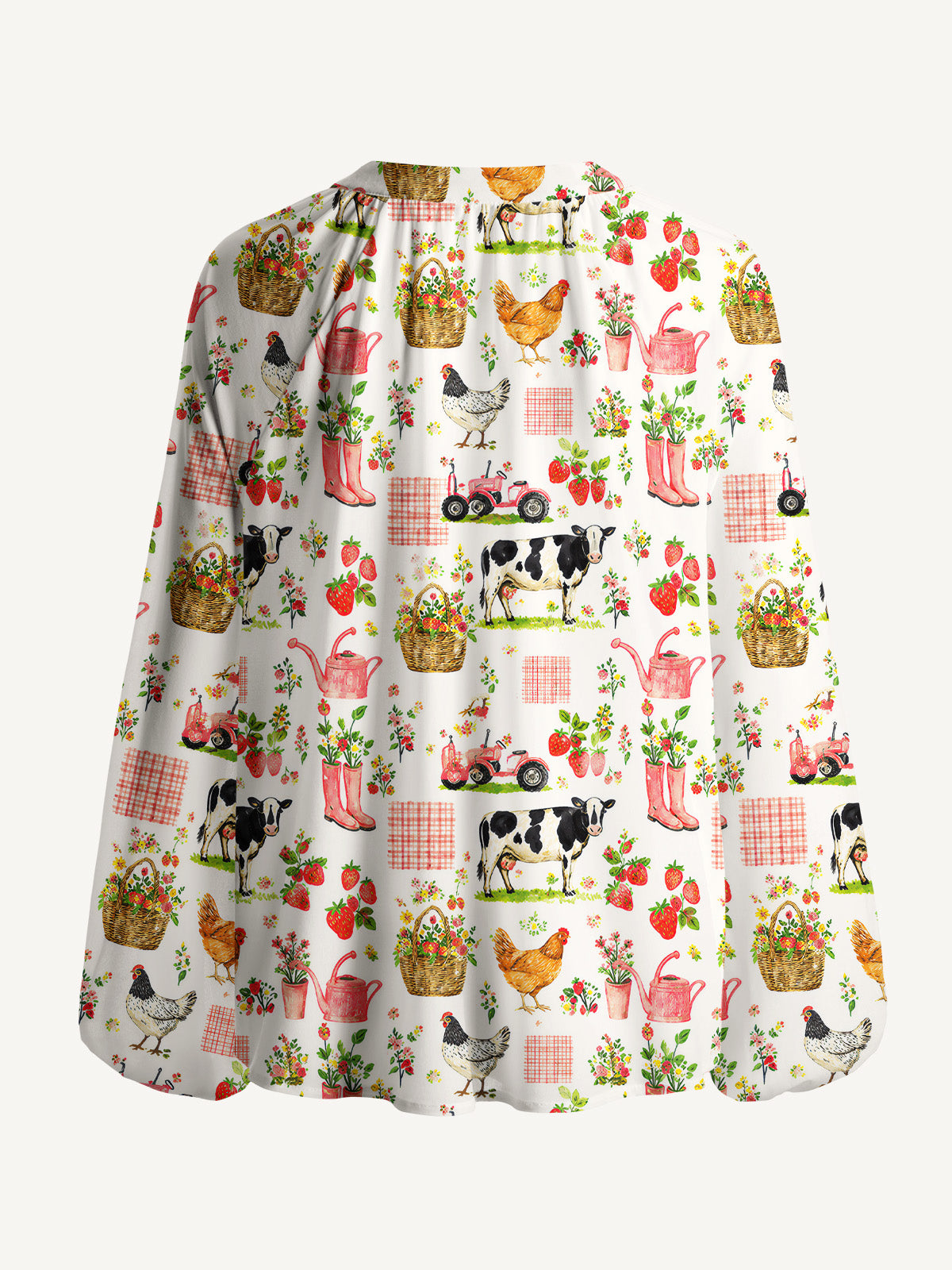 Watercolor Pink Farm Chicken Cow Print Boho Long Sleeve Tie‑Neck Blouse