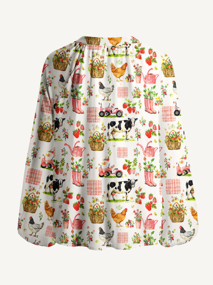 Watercolor Pink Farm Chicken Cow Print Boho Long Sleeve Tie‑Neck Blouse