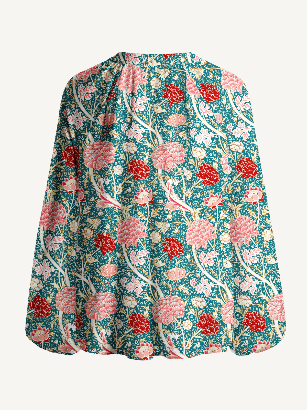 Vintage Peony Lotus Floral Print Boho Long Sleeve Tie‑Neck Blouse