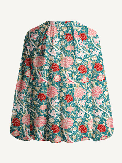 Vintage Peony Lotus Floral Print Boho Long Sleeve Tie‑Neck Blouse