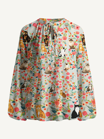 Flower Cat Print Boho Long Sleeve Tie‑Neck Blouse