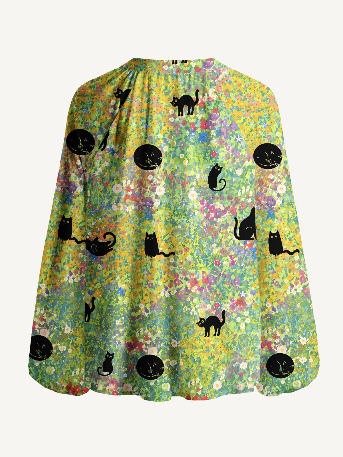 Wildflower Garden Black Cat Print Boho Long Sleeve Tie‑Neck Blouse