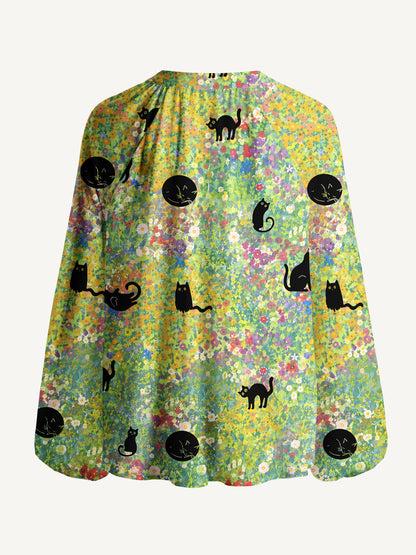Wildflower Garden Black Cat Print Boho Long Sleeve Tie‑Neck Blouse
