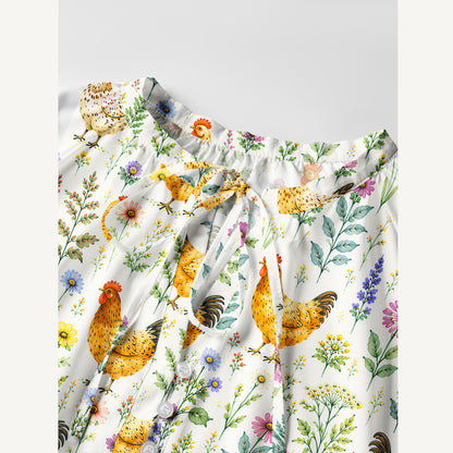 Watercolor Chickens Leaves Print Boho Long Sleeve Tie‑Neck Smock Mini Dress