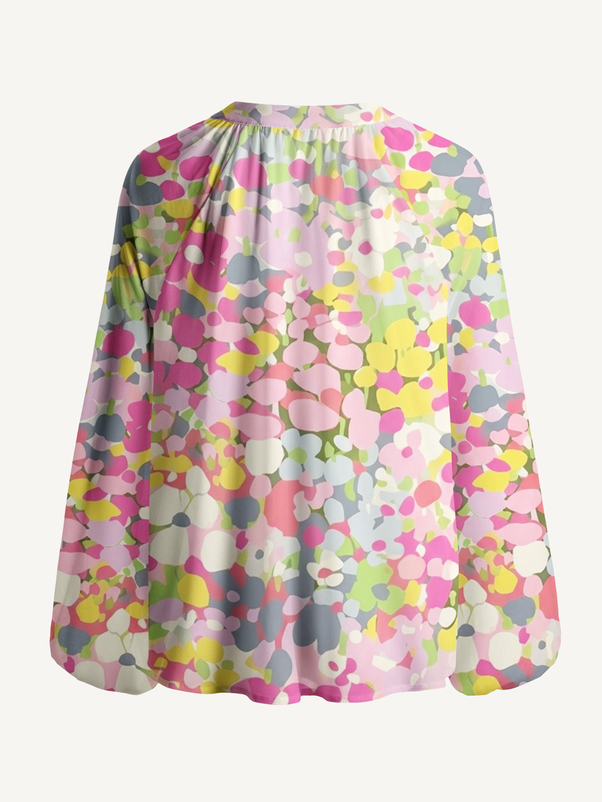 Floral Candy Confetti Print Boho Long Sleeve Tie‑Neck Blouse
