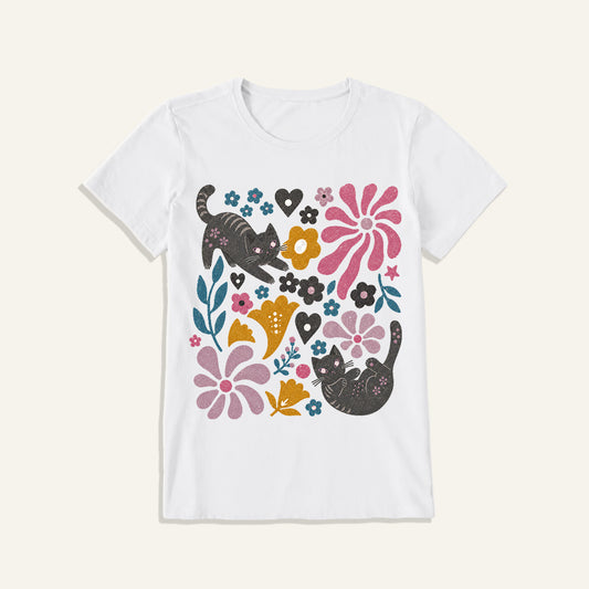 Floral Kitty Days Print Crew Neck Cotton Tee