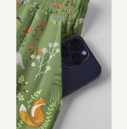 Whimsical Woodland Animals Print Wide Leg Tie Waist Pants With Pockets