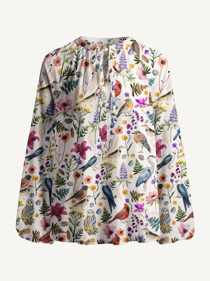 Whimsical Woodland Birds Wildflowers Print Boho Long Sleeve Tie‑Neck Blouse
