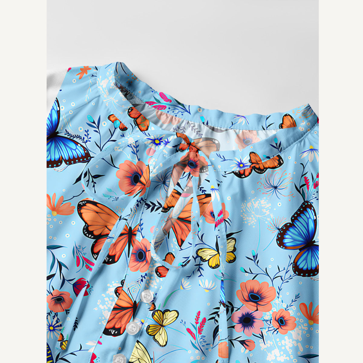 Butterfly Blossom Print Boho Tie‑Neck Smock Mini Dress