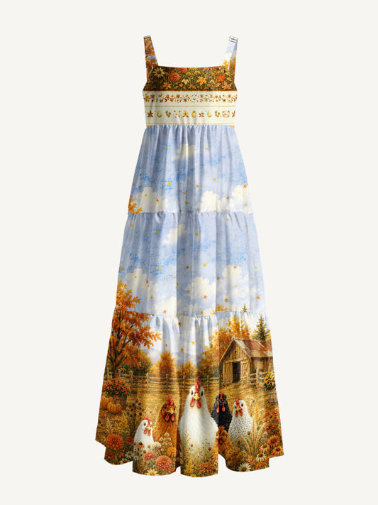 Autumn Farmyard Chicken Garden Print Wide Straps Maxi Dress With Pockets