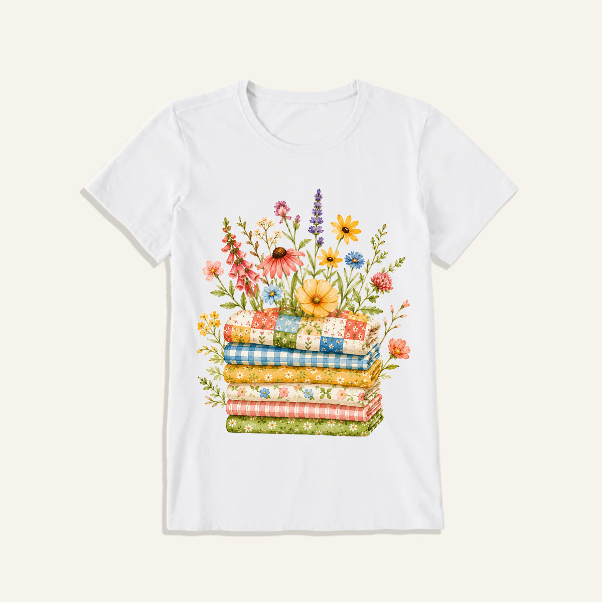 Cozy Floral Quilt Stack Print Crew Neck Cotton Tee