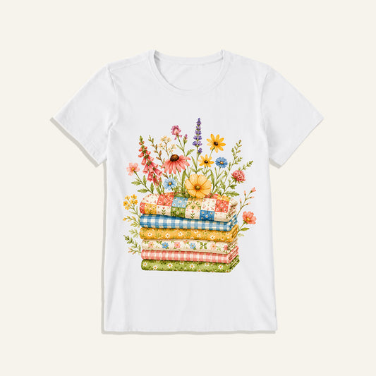 Cozy Floral Quilt Stack Print Crew Neck Cotton Tee