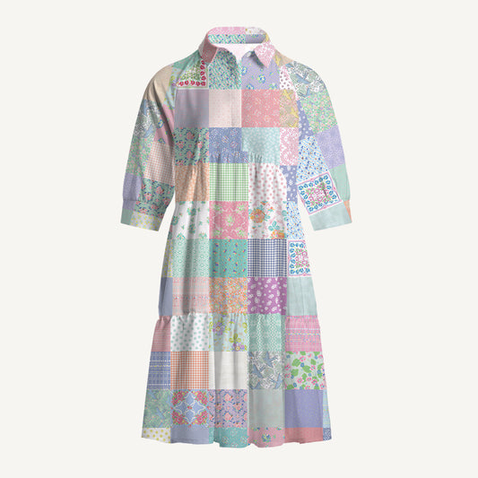 V Neck Collared Vintage Quilt Patchwork Mini Dress For Women With Pockets