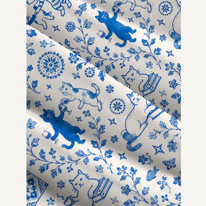 Whimsical Delft Cats Print Wide Straps Maxi Dress With Pockets
