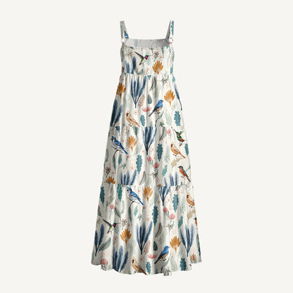 Romantic Nature Birds Print Wide Straps Maxi Dress With Pockets